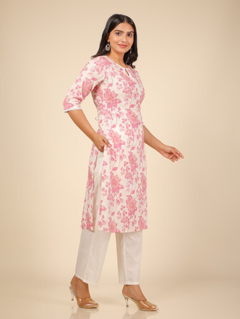 Aramya Straight Soft Cotton Floral Print Women's Kurta - White | Grocsy