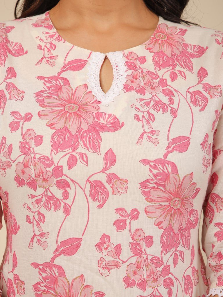 Aramya Straight Soft Cotton Floral Print Women's Kurta - White | Grocsy