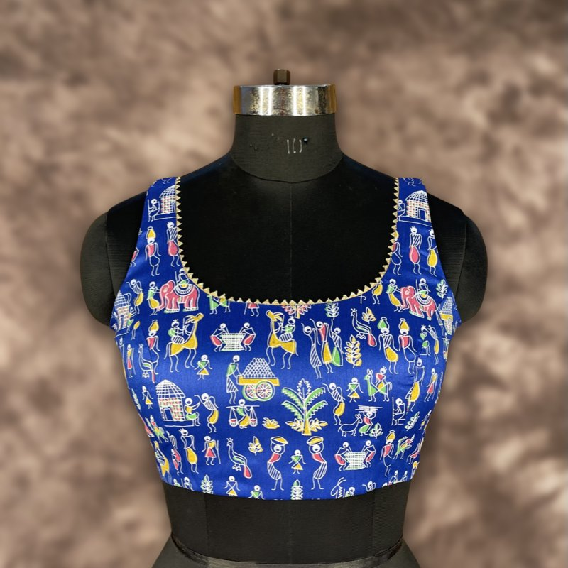Ishiqiya Blue Blue Coloured Art Row Silk Ready to Wear Blouse - kapda Tailor | Grocsy