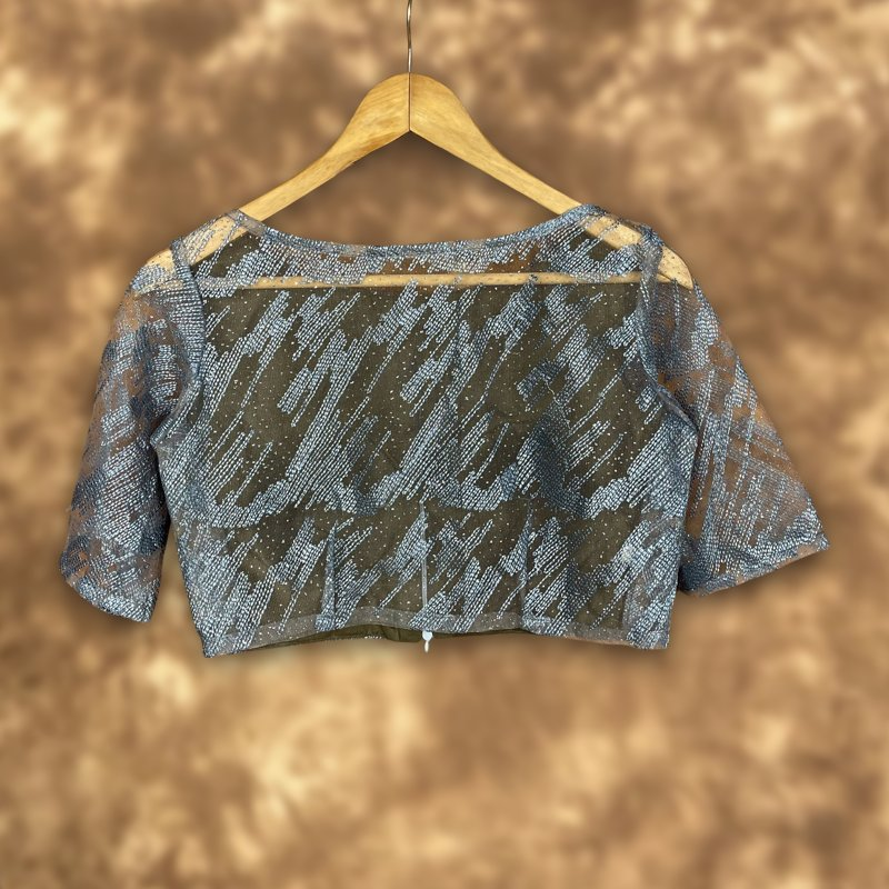 Rubbed Fine Art Sky Gry Coloured Net With Embroidrey Ready to Wear Blouse - kapda Tailor | Grocsy
