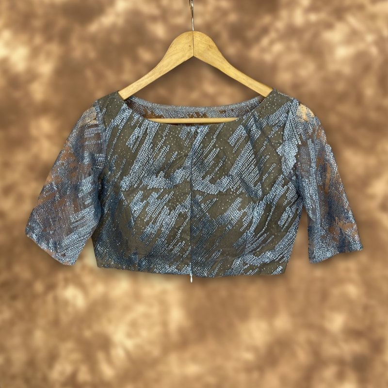 Rubbed Fine Art Sky Gry Coloured Net With Embroidrey Ready to Wear Blouse - kapda Tailor | Grocsy