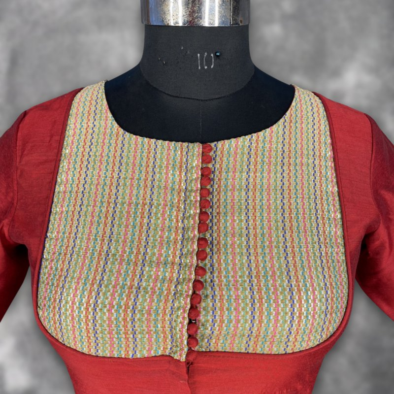 Tradition Reloded Red/Gold Coloured Chanderi Silk / Brocket Ready to Wear Blouse - kapda Tailor | Grocsy