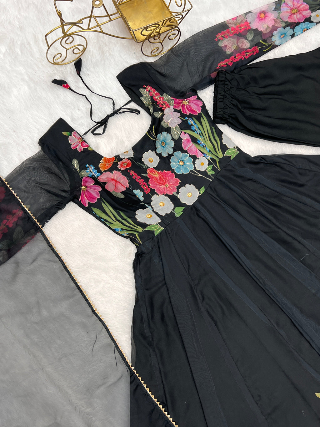 Lorenvalley Fashion Black Soft Organza Silk With Floral Print Fully Flared Anarkali Pant With Dupatta Set - Black | Grocsy