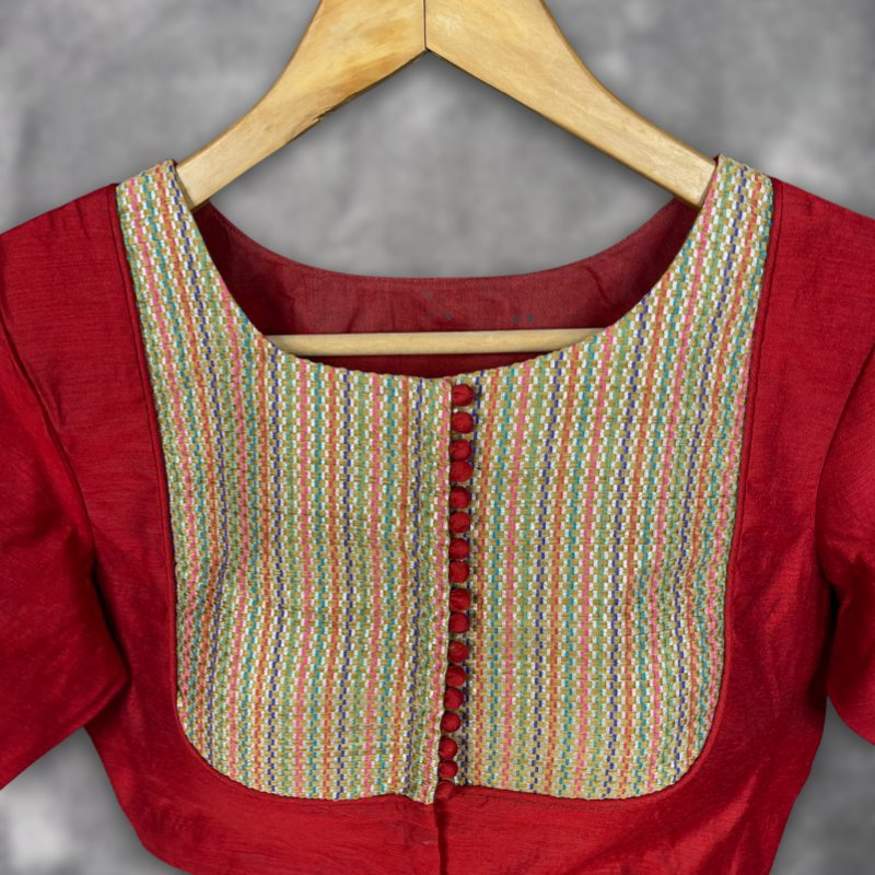 Tradition Reloded Red/Gold Coloured Chanderi Silk / Brocket Ready to Wear Blouse - kapda Tailor | Grocsy