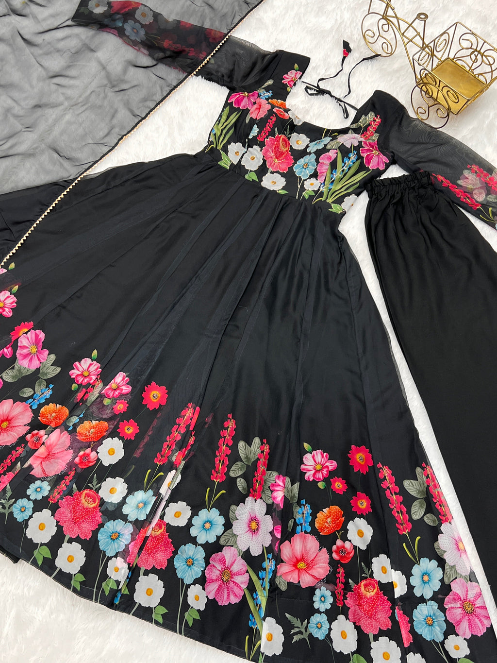 Lorenvalley Fashion Black Soft Organza Silk With Floral Print Fully Flared Anarkali Pant With Dupatta Set - Black | Grocsy