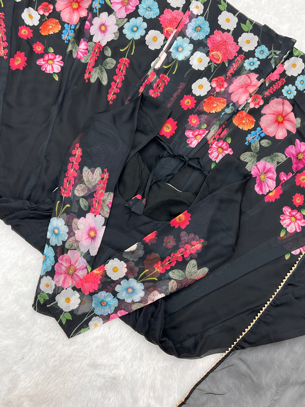 Lorenvalley Fashion Black Soft Organza Silk With Floral Print Fully Flared Anarkali Pant With Dupatta Set - Black | Grocsy