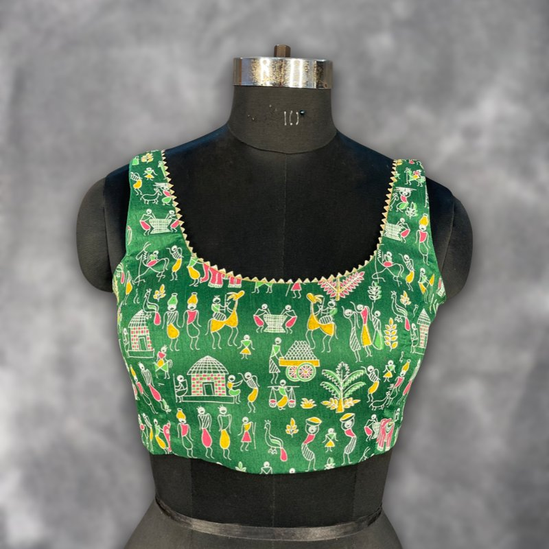 Dreamy Warli Green Coloured Art Row Silk Ready to Wear Blouse - kapda Tailor | Grocsy