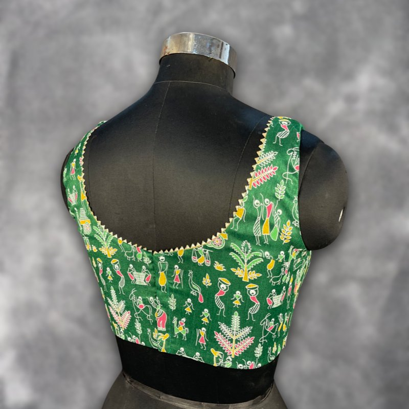 Dreamy Warli Green Coloured Art Row Silk Ready to Wear Blouse - kapda Tailor | Grocsy