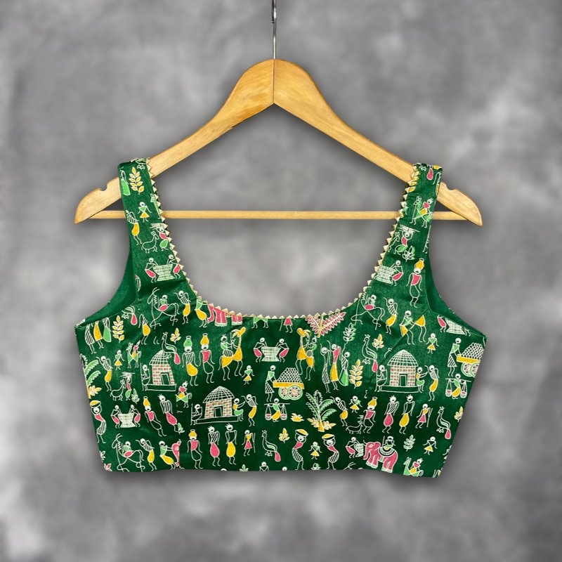 Dreamy Warli Green Coloured Art Row Silk Ready to Wear Blouse - kapda Tailor | Grocsy
