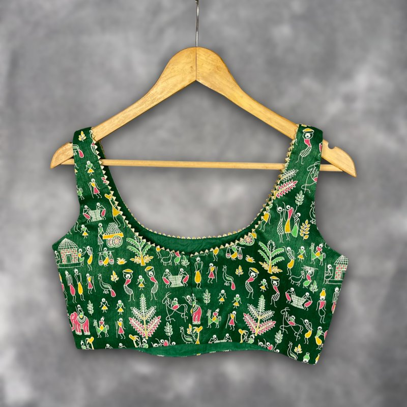 Dreamy Warli Green Coloured Art Row Silk Ready to Wear Blouse - kapda Tailor | Grocsy