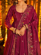 Yash Enterprise Red Crepe Silk Party Wear Embroidery Suit Set | Grocsy
