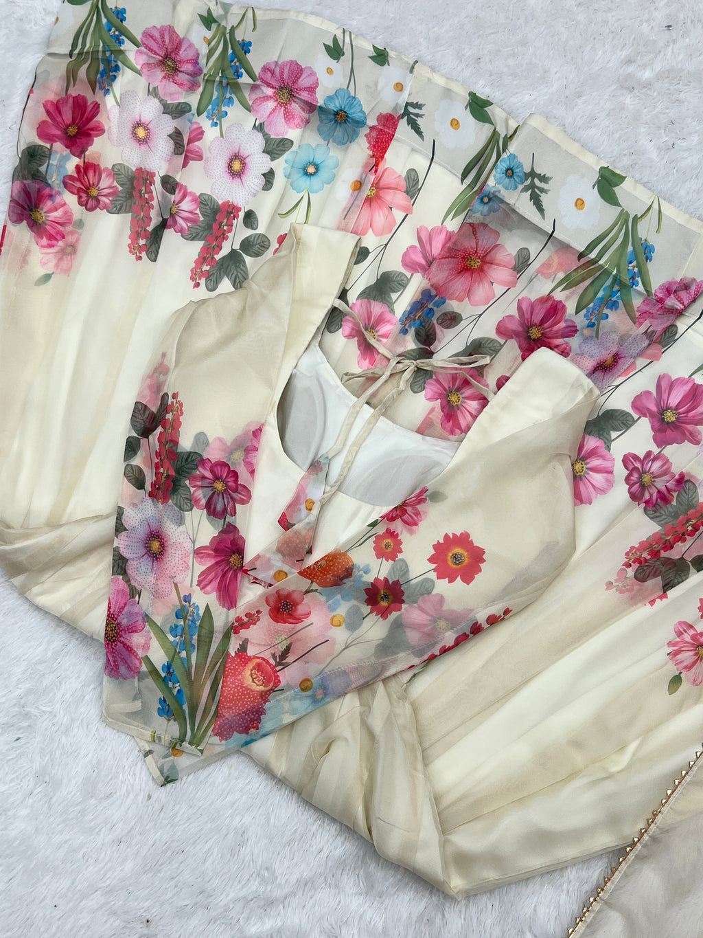 Lorenvalley Fashion Cream Soft Organza Silk With Floral Print Fully Flared Anarkali Pant With Dupatta Set - Cream | Grocsy