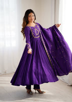 Evanik Women Purple Embroidered Beads Work Anarkali Kurta with Dupatta | Grocsy