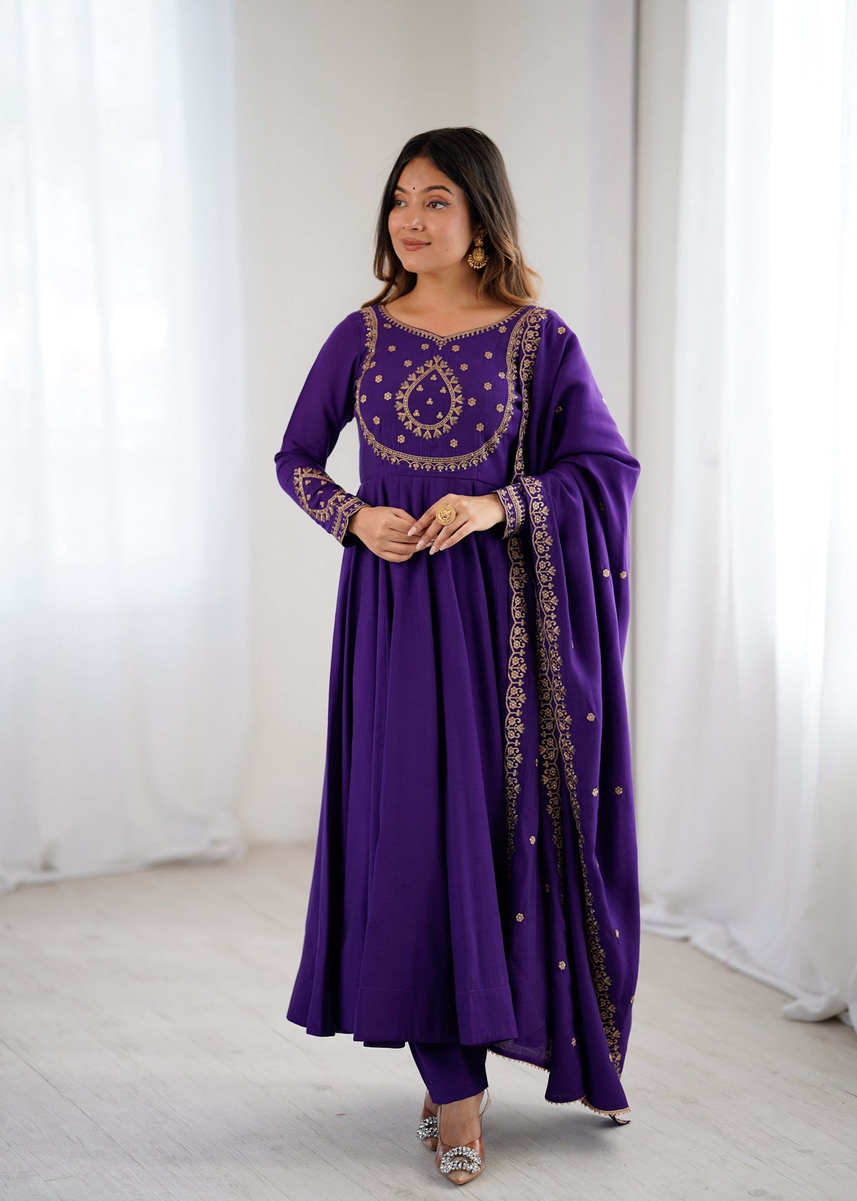 Evanik Women Purple Embroidered Beads Work Anarkali Kurta with Dupatta | Grocsy