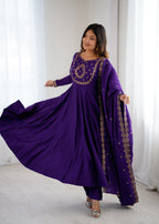 Evanik Women Purple Embroidered Beads Work Anarkali Kurta with Dupatta | Grocsy