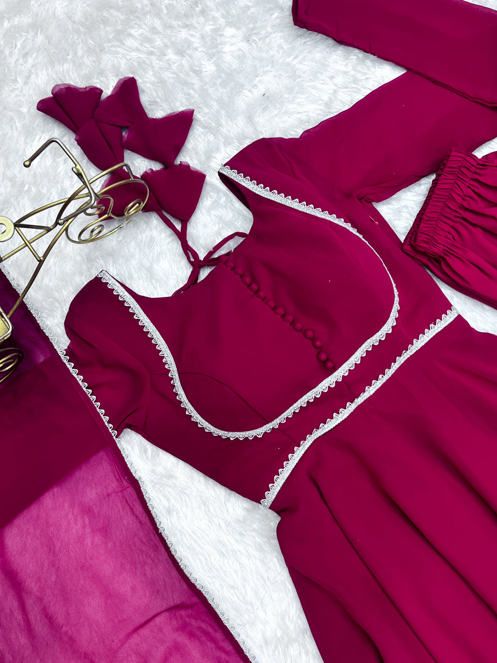 Lorenvalley Fashion Pink Georgette Anarkali Gown Dupatta Set With Pant Ready to Wear - Pink | Grocsy