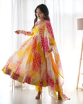 Lorenvalley Fashion Women Pure Soft Organza Silk Print With Kali Pattern Fully Flair Anarkali With Pant Dupatta Set - Yellow | Grocsy