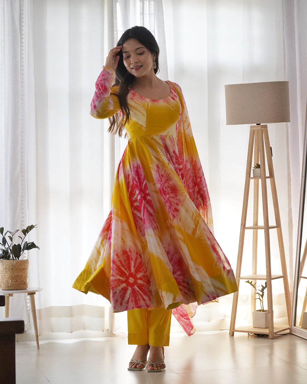 Lorenvalley Fashion Women Pure Soft Organza Silk Print With Kali Pattern Fully Flair Anarkali With Pant Dupatta Set - Yellow | Grocsy