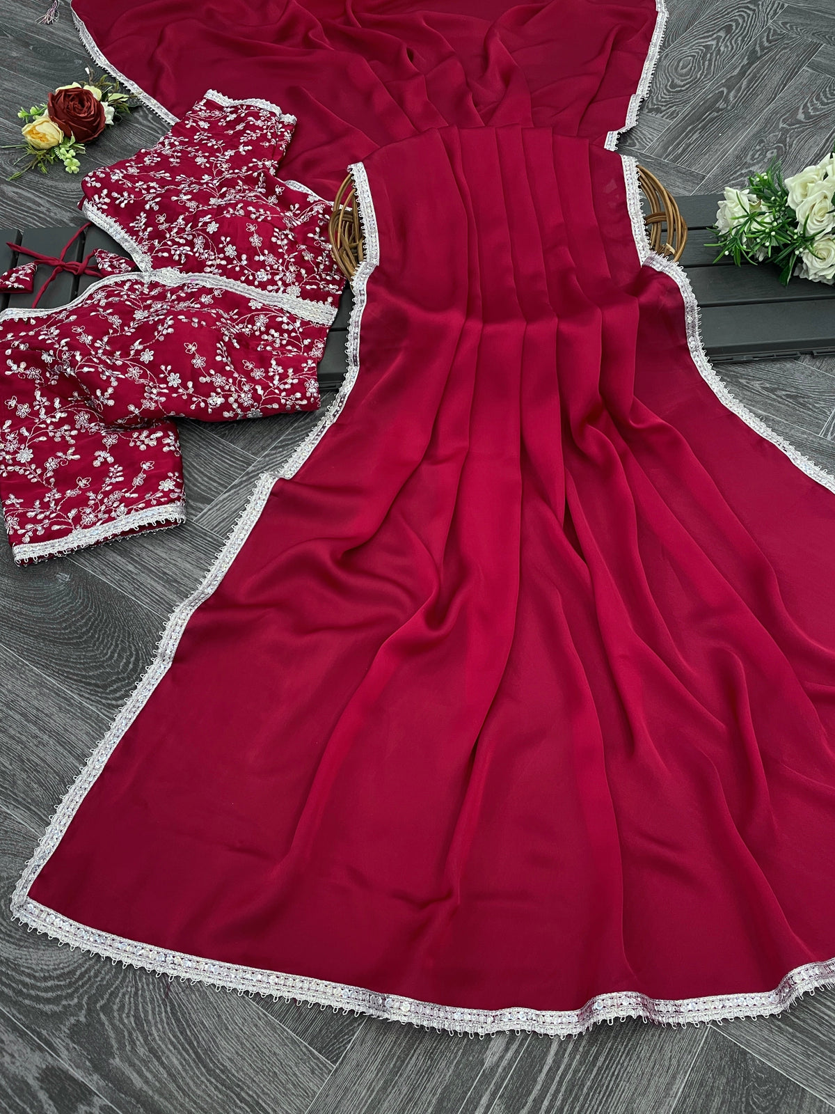 Lorenvalley Fashion Premium Magenta Georgette Satin Saree with Stitched Embroidery Blouse | Grocsy
