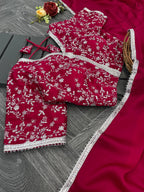 Lorenvalley Fashion Premium Magenta Georgette Satin Saree with Stitched Embroidery Blouse | Grocsy