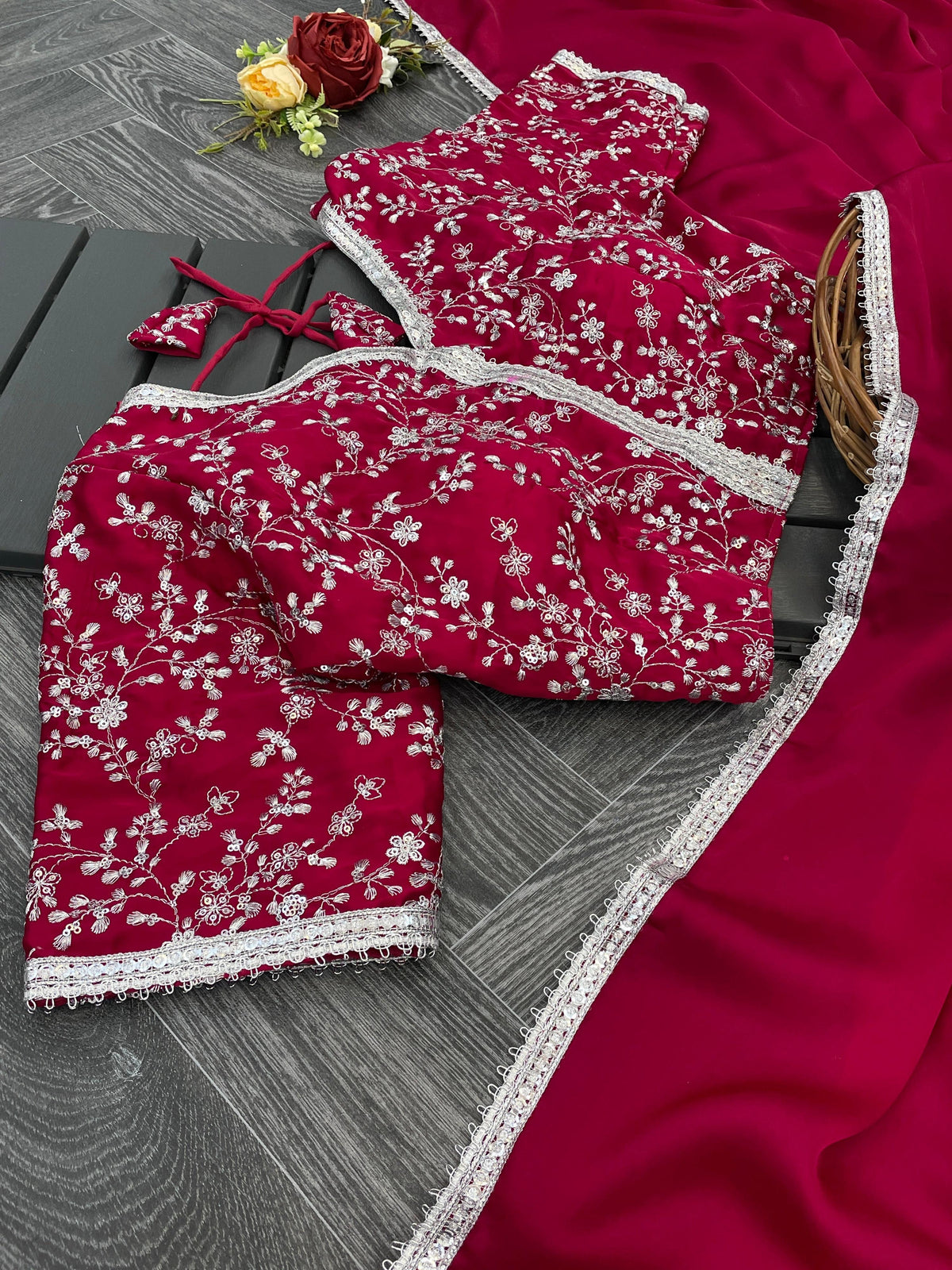 Lorenvalley Fashion Premium Magenta Georgette Satin Saree with Stitched Embroidery Blouse | Grocsy