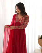 Lorenvalley Fashion Red Heavy Soft Georgette With Embroidered Work Fully Flared Anarkali Pant With Dupatta Set - Red | Grocsy