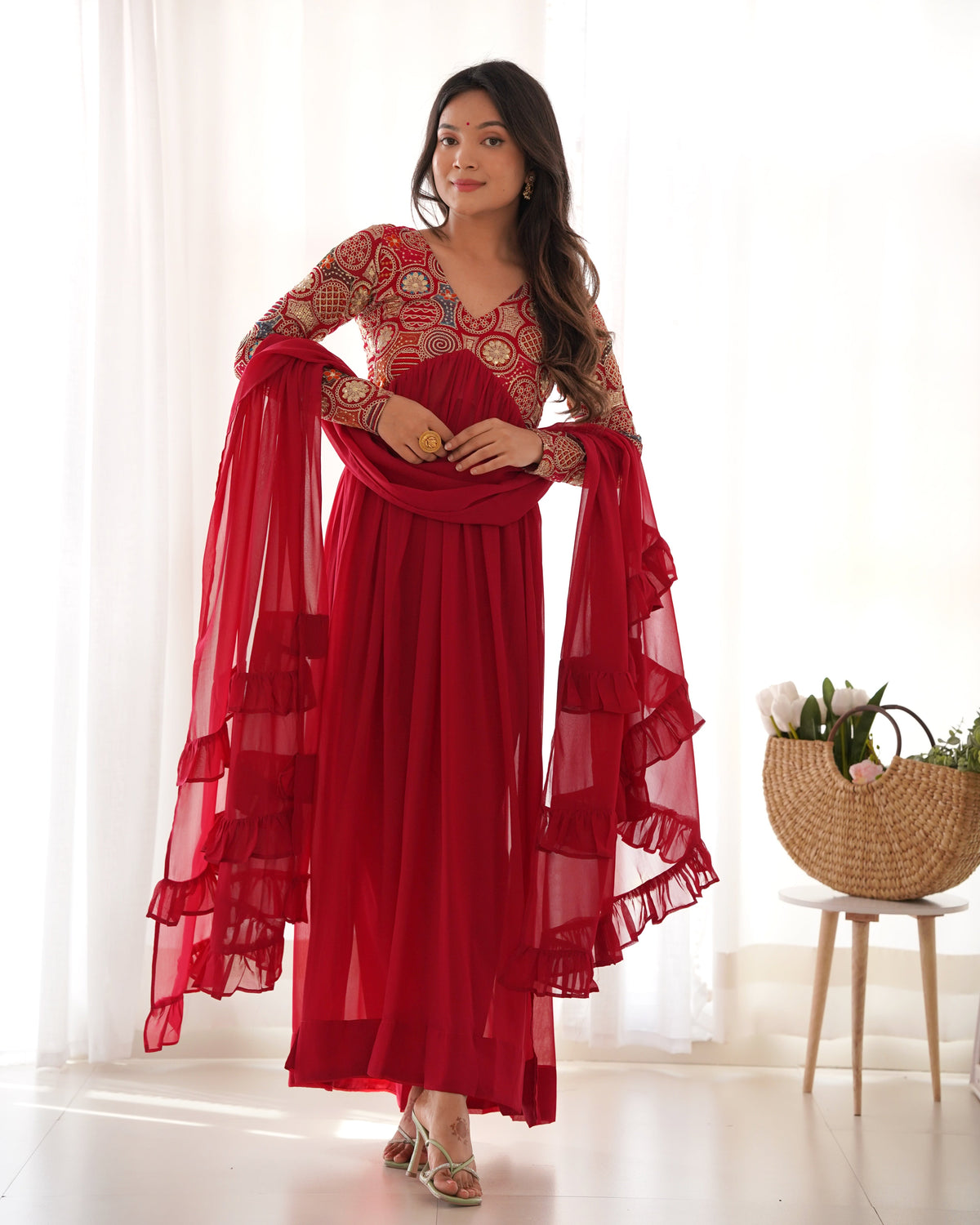 Lorenvalley Fashion Red Heavy Soft Georgette With Embroidered Work Fully Flared Anarkali Pant With Dupatta Set - Red | Grocsy