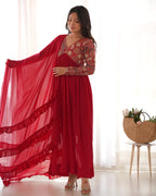 Lorenvalley Fashion Red Heavy Soft Georgette With Embroidered Work Fully Flared Anarkali Pant With Dupatta Set - Red | Grocsy
