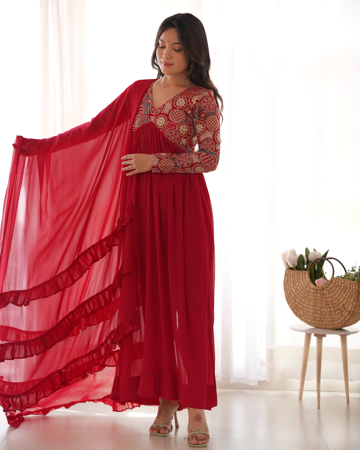 Lorenvalley Fashion Red Heavy Soft Georgette With Embroidered Work Fully Flared Anarkali Pant With Dupatta Set - Red | Grocsy