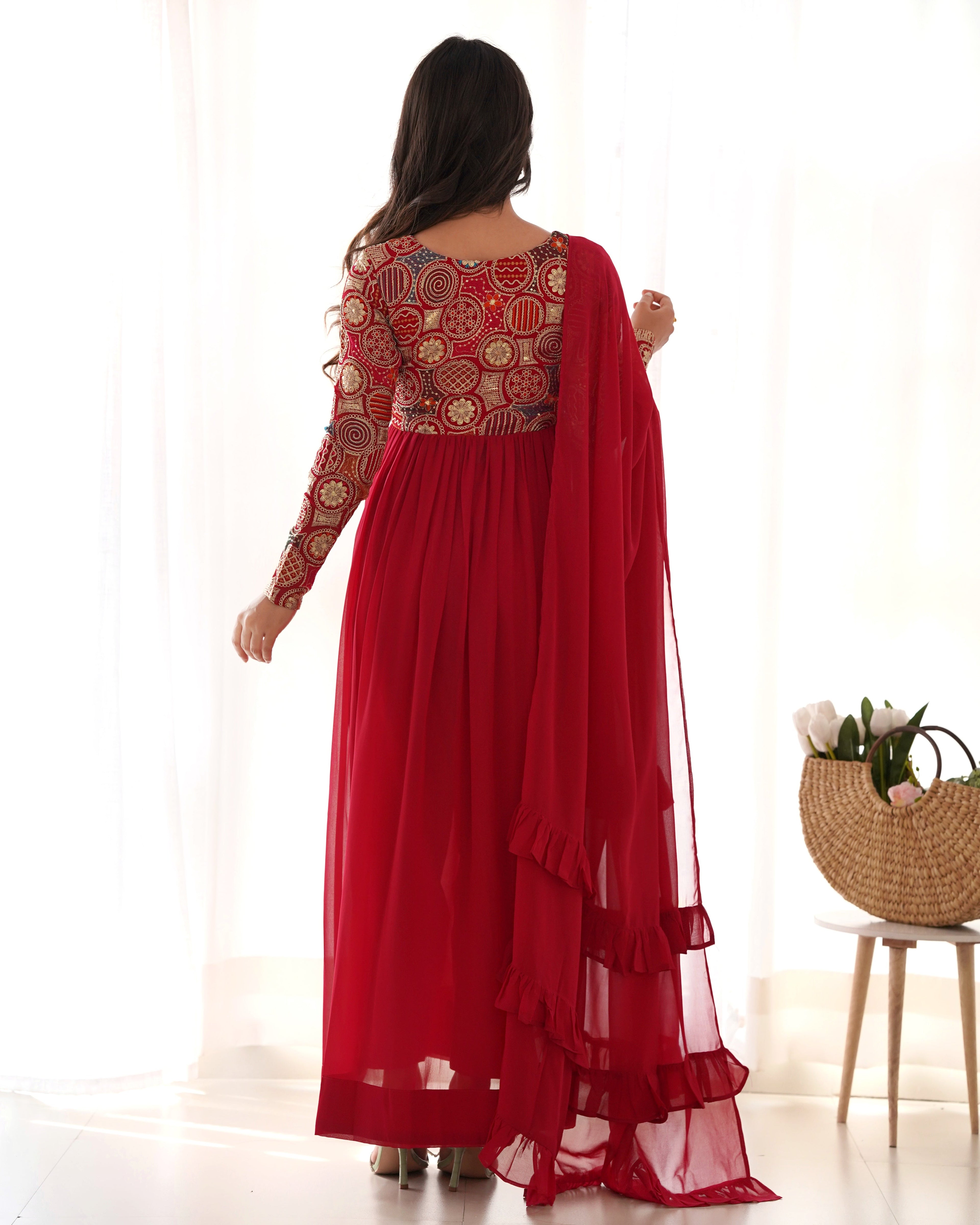 Lorenvalley Fashion Red Heavy Soft Georgette With Embroidered Work Fully Flared Anarkali Pant With Dupatta Set - Red | Grocsy