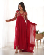 Lorenvalley Fashion Red Heavy Soft Georgette With Embroidered Work Fully Flared Anarkali Pant With Dupatta Set - Red | Grocsy