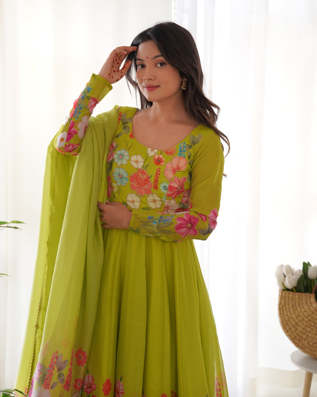 Lorenvalley Fashion Parrot Soft Organza Silk With Floral Print Fully Flared Anarkali Pant With Dupatta Set - Green | Grocsy
