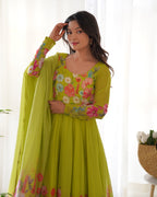 Lorenvalley Fashion Parrot Soft Organza Silk With Floral Print Fully Flared Anarkali Pant With Dupatta Set - Green | Grocsy