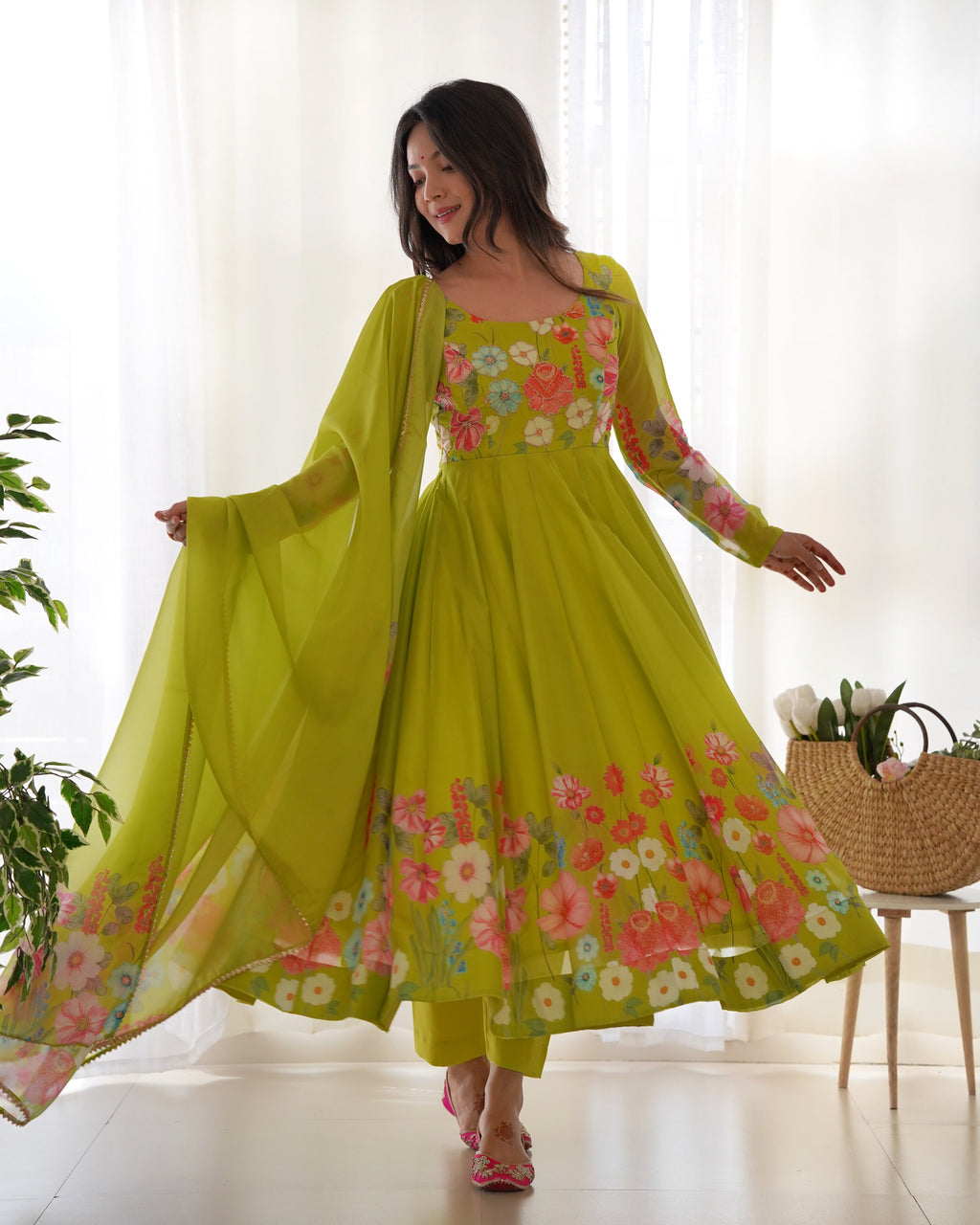 Lorenvalley Fashion Parrot Soft Organza Silk With Floral Print Fully Flared Anarkali Pant With Dupatta Set - Green | Grocsy