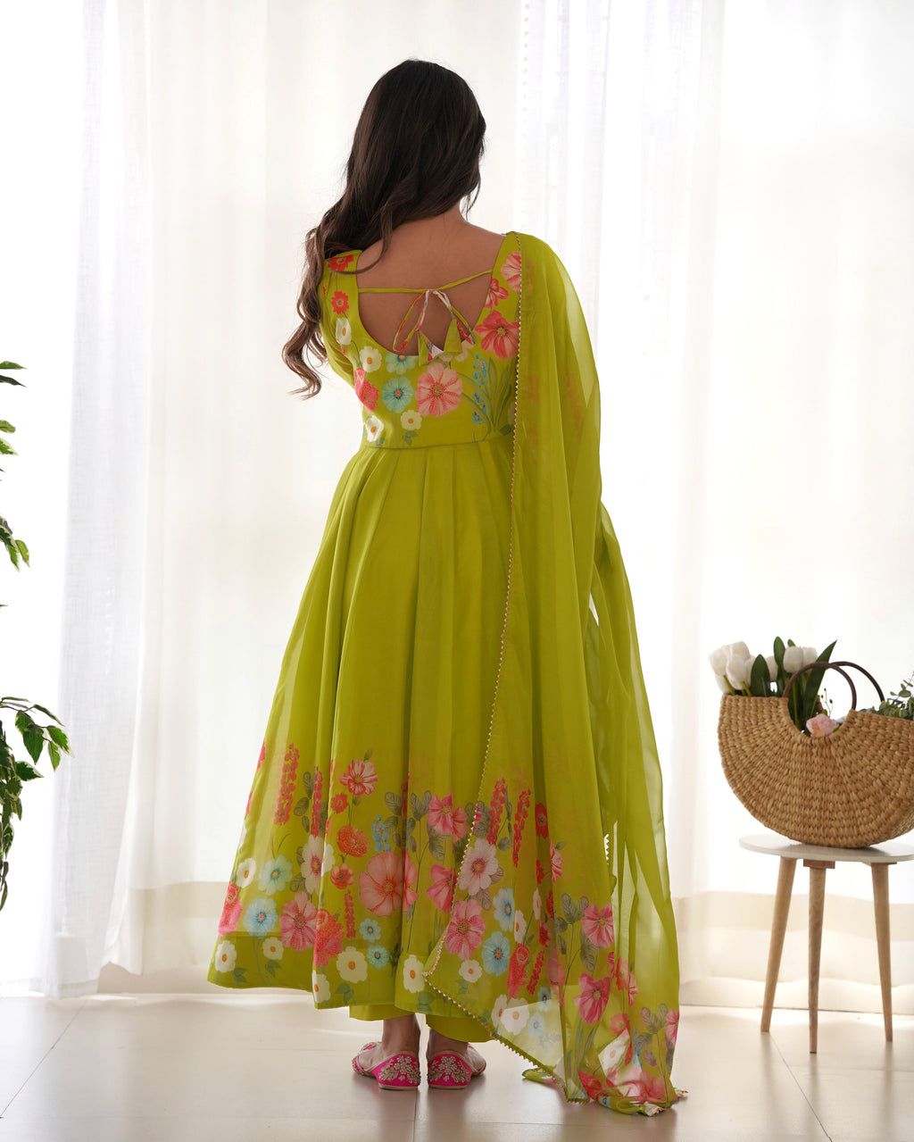 Lorenvalley Fashion Parrot Soft Organza Silk With Floral Print Fully Flared Anarkali Pant With Dupatta Set - Green | Grocsy