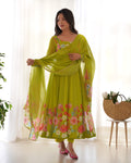 Lorenvalley Fashion Parrot Soft Organza Silk With Floral Print Fully Flared Anarkali Pant With Dupatta Set - Green | Grocsy