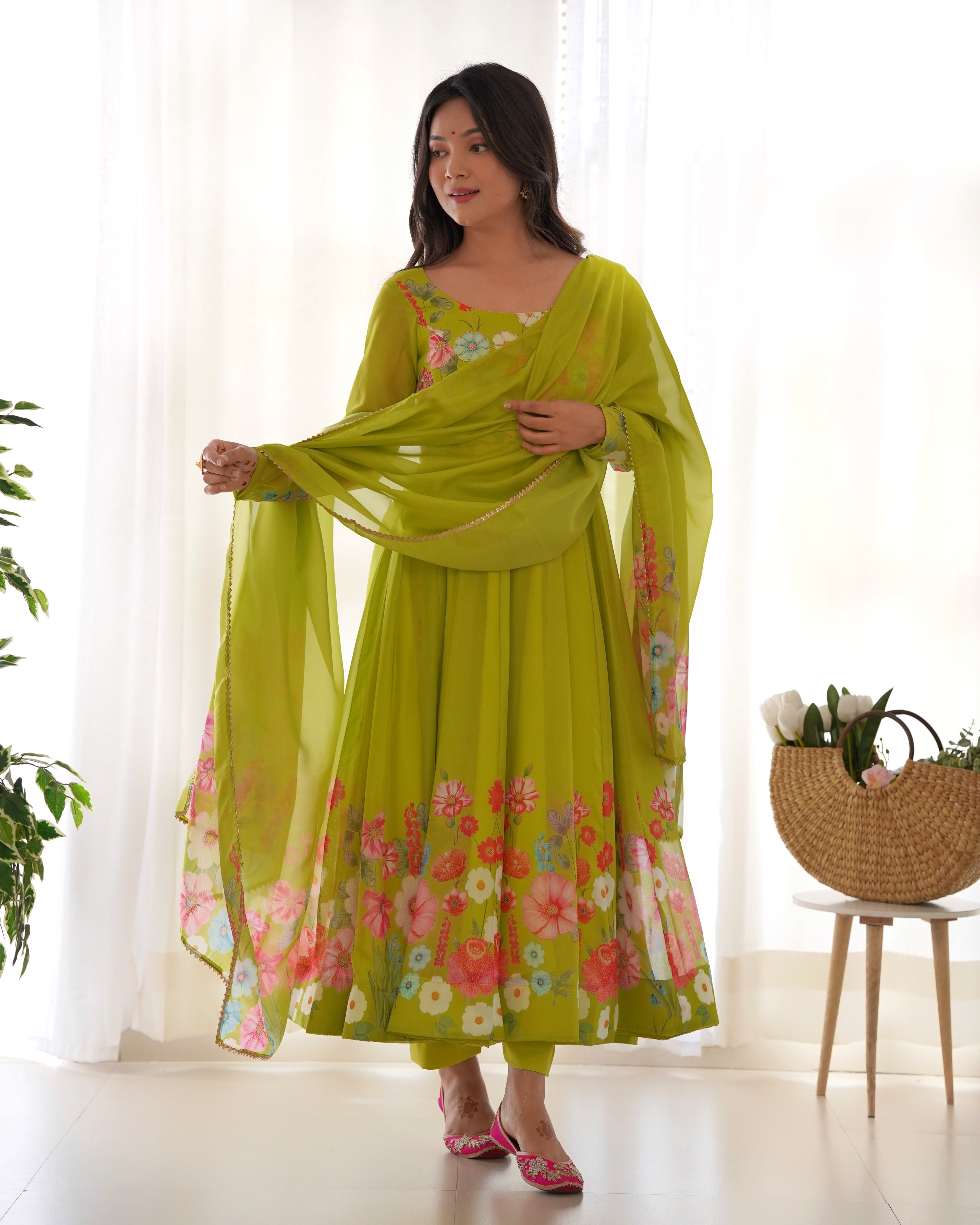 Lorenvalley Fashion Parrot Soft Organza Silk With Floral Print Fully Flared Anarkali Pant With Dupatta Set - Green | Grocsy