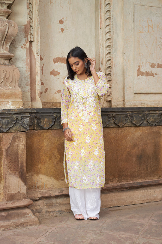 Rangreza Ethnic Eliza Georgette Chikankari Kurta With Inner (Set Of 2) Yellow | Grocsy