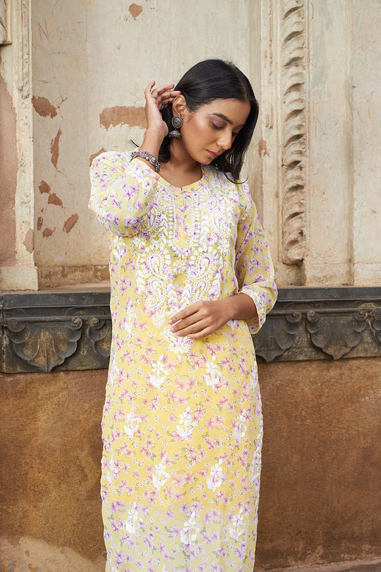 Rangreza Ethnic Eliza Georgette Chikankari Kurta With Inner (Set Of 2) Yellow | Grocsy