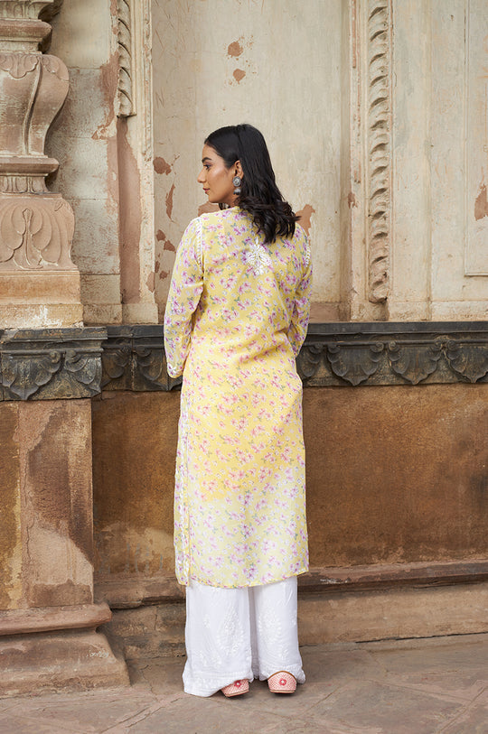 Rangreza Ethnic Eliza Georgette Chikankari Kurta With Inner (Set Of 2) Yellow | Grocsy