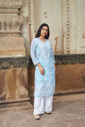 Rangreza Ethnic Eliza Georgette Chikankari Kurta With Inner (Set Of 2) Blue | Grocsy