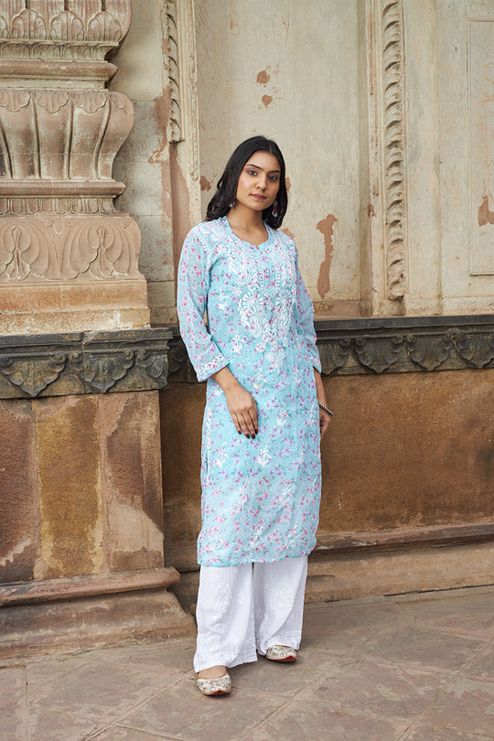 Rangreza Ethnic Eliza Georgette Chikankari Kurta With Inner (Set Of 2) Blue | Grocsy