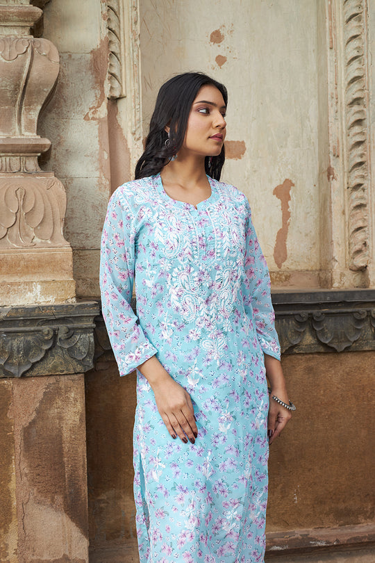 Rangreza Ethnic Eliza Georgette Chikankari Kurta With Inner (Set Of 2) Blue | Grocsy