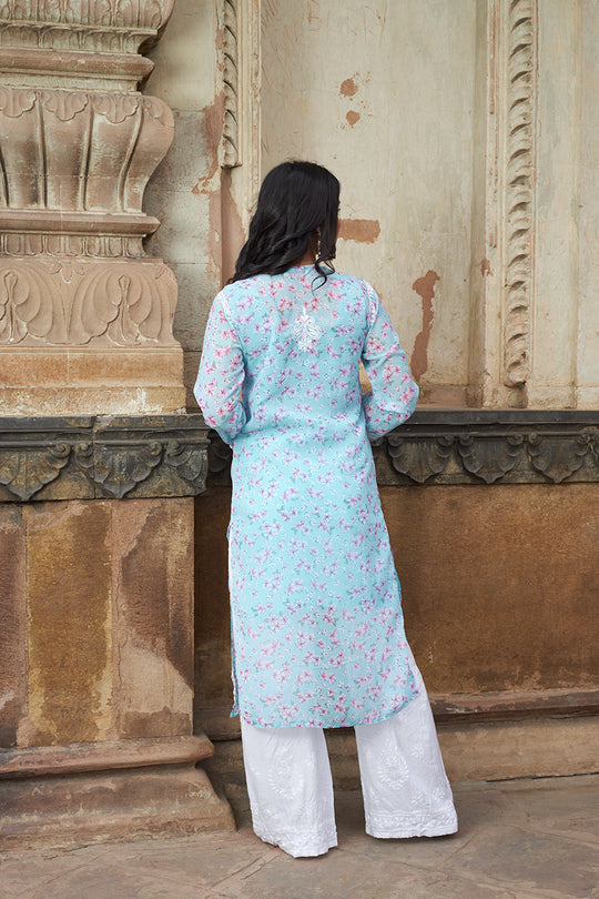 Rangreza Ethnic Eliza Georgette Chikankari Kurta With Inner (Set Of 2) Blue | Grocsy