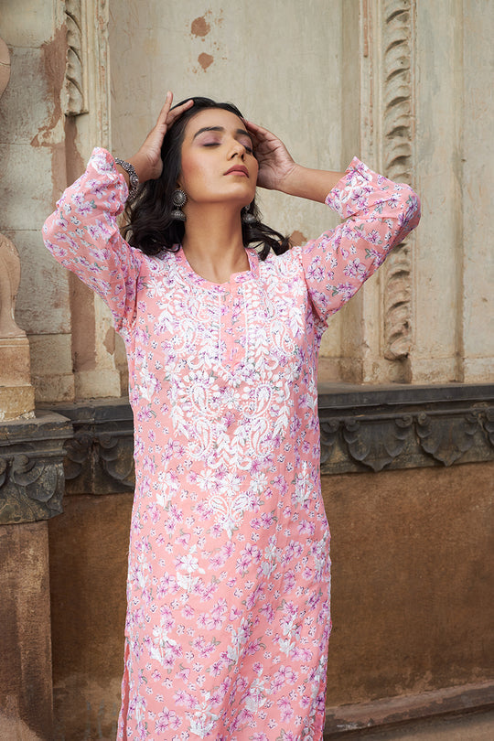 Rangreza Ethnic Eliza Georgette Chikankari Kurta With Inner (Set Of 2) Peach | Grocsy
