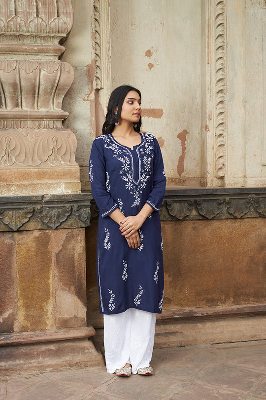 Rangreza Ethnic Saundarya Rayon Kurta Dark Blue | Grocsy