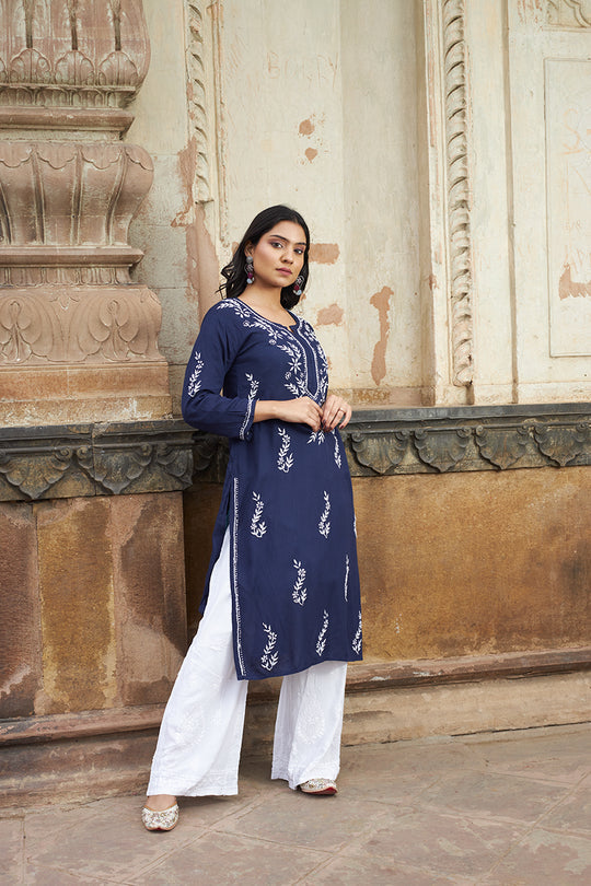 Rangreza Ethnic Saundarya Rayon Kurta Dark Blue | Grocsy