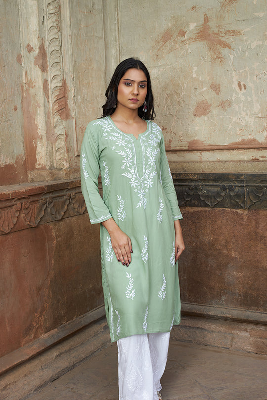 Rangreza Ethnic Saundarya Rayon Kurta Pastel Green | Grocsy