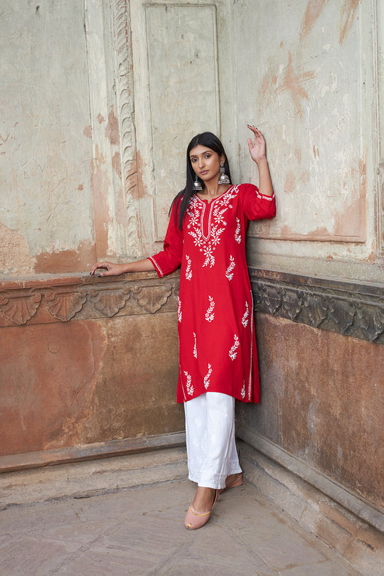 Rangreza Ethnic Saundarya Rayon Kurta Red | Grocsy