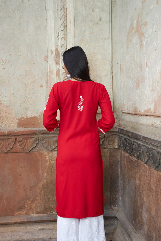 Rangreza Ethnic Saundarya Rayon Kurta Red | Grocsy